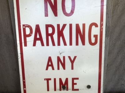 Vintage Metal "No Parking Any Time" Sign - 12” x 18” Weathered Red & White