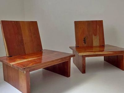 Vintage Pair of Wooden Low Profile Chairs - Mid-Century Modern Minimalist Design