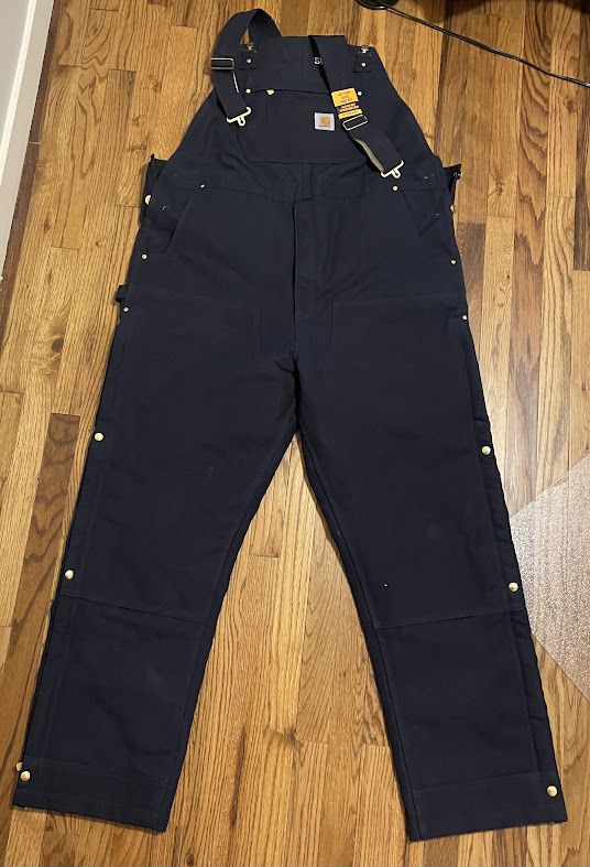 New CARHARTT Men's XL Tall Dark Navy Quilt Lined Duck Zip-To-Knee Bib Overall