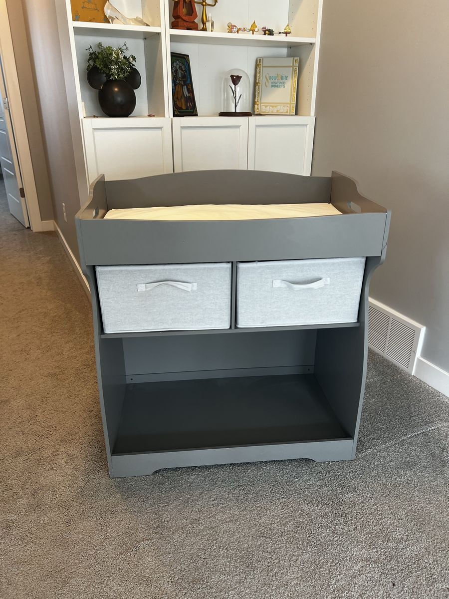 Gray Wooden Changing Table with Storage Bins and Pad - Excellent Condition