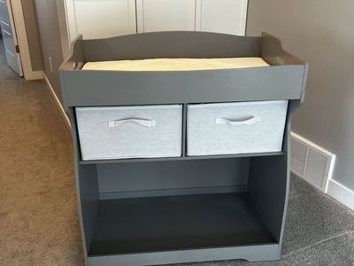 Gray Wooden Changing Table with Storage Bins and Pad - Excellent Condition