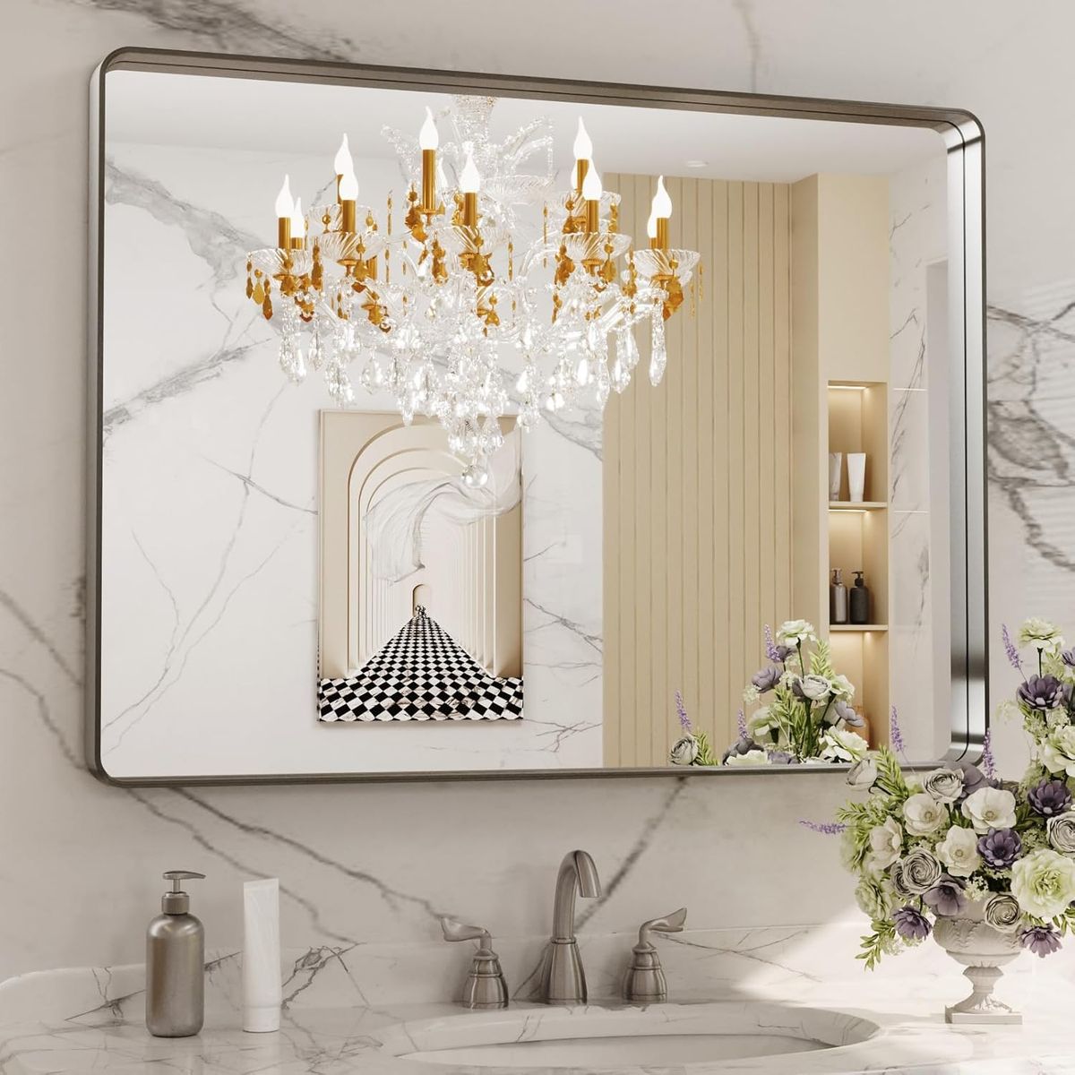 40" x 30" Rounded Rectangle Brushed Nickel Bathroom Tempered Glass Mirror