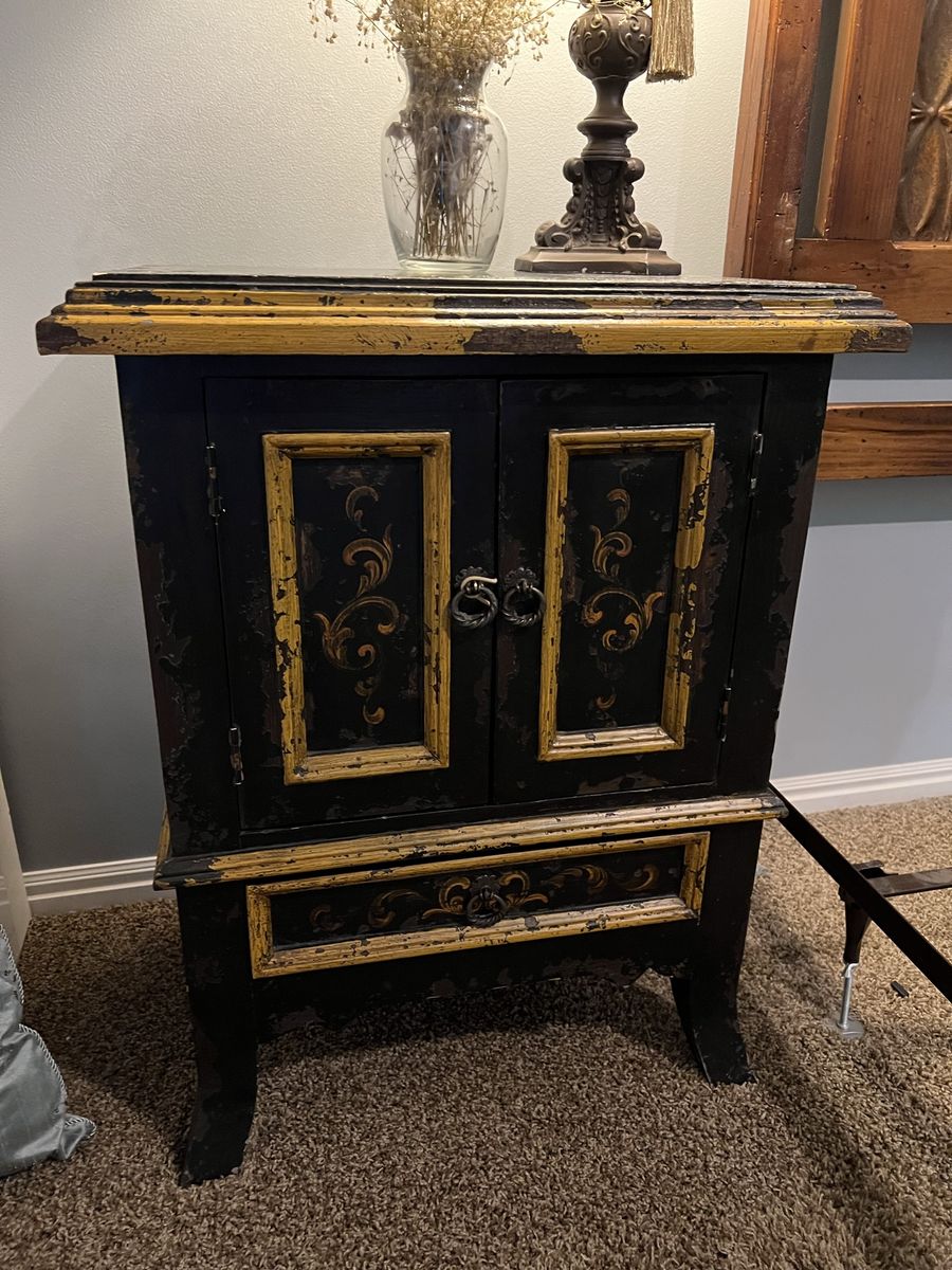 Distressed Black & Gold Nightstand End Table Cabinet