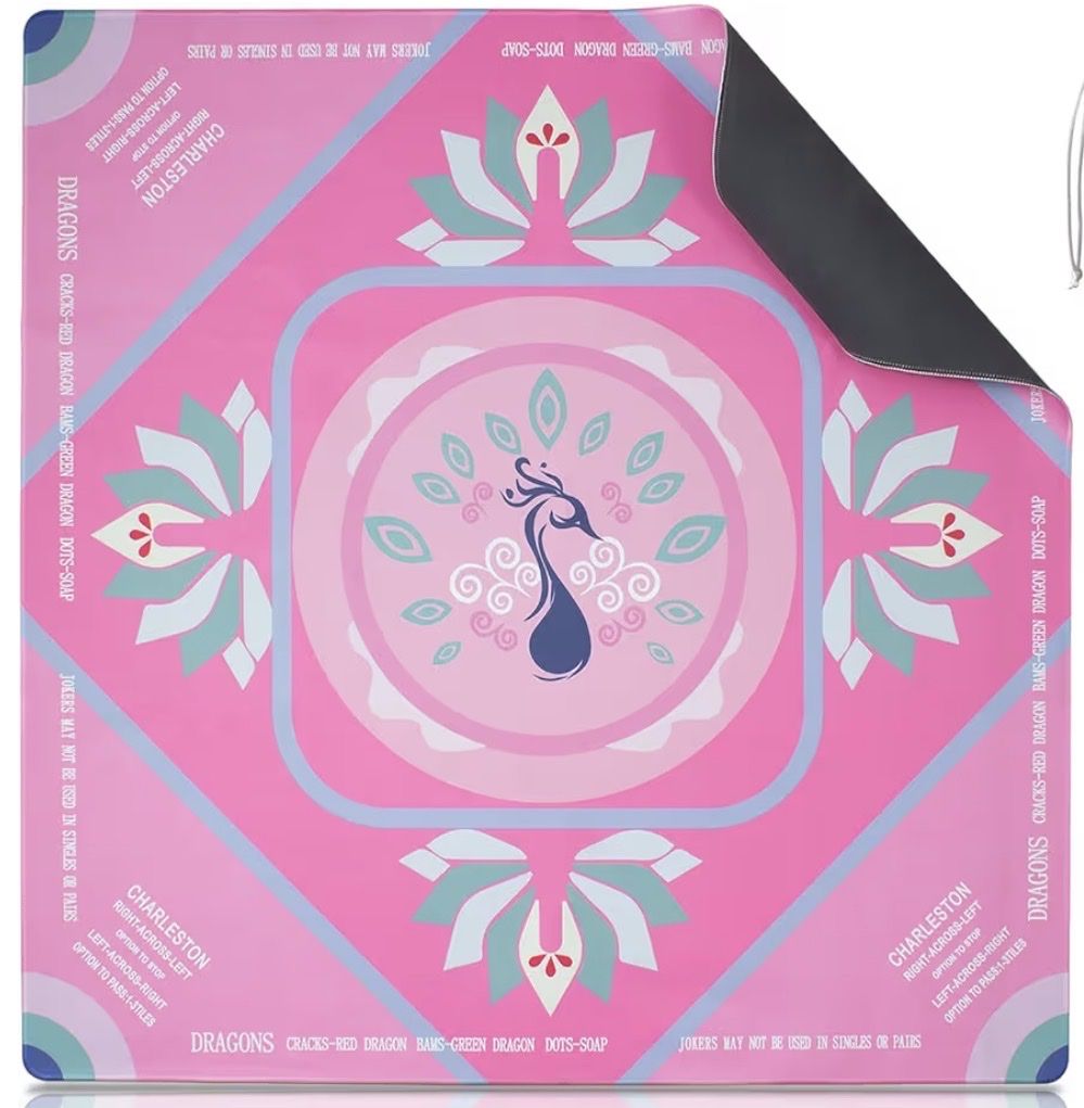 Mahjong Game Mat with Peacock Design, Non-Slip, Pink, Gray, Blue, for Charleston Pass