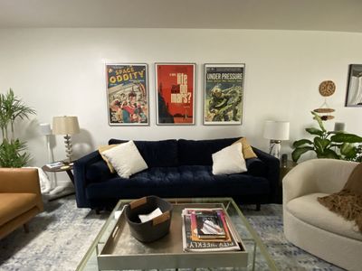 Sven 88" Tufted Blue Velvet Sofa - Mid century Modern style