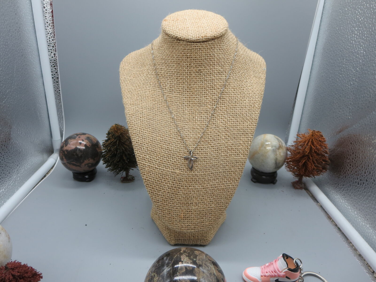 Vintage white diamonds cross sterling silver necklace