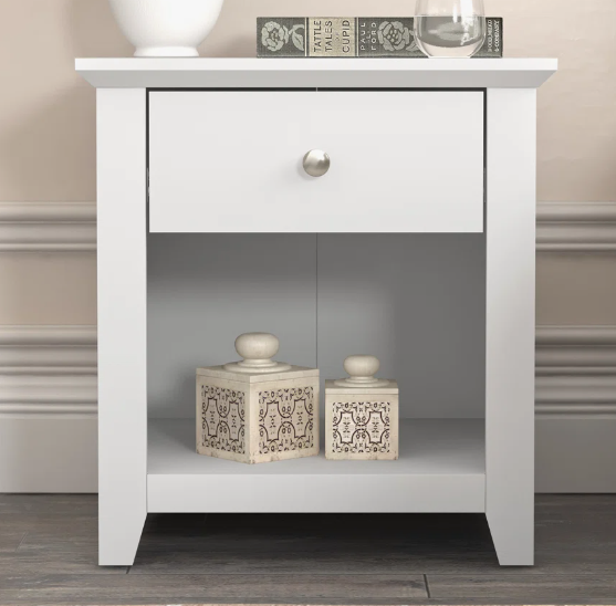 White Drawer Nightstand with Drawer and Open Compartment