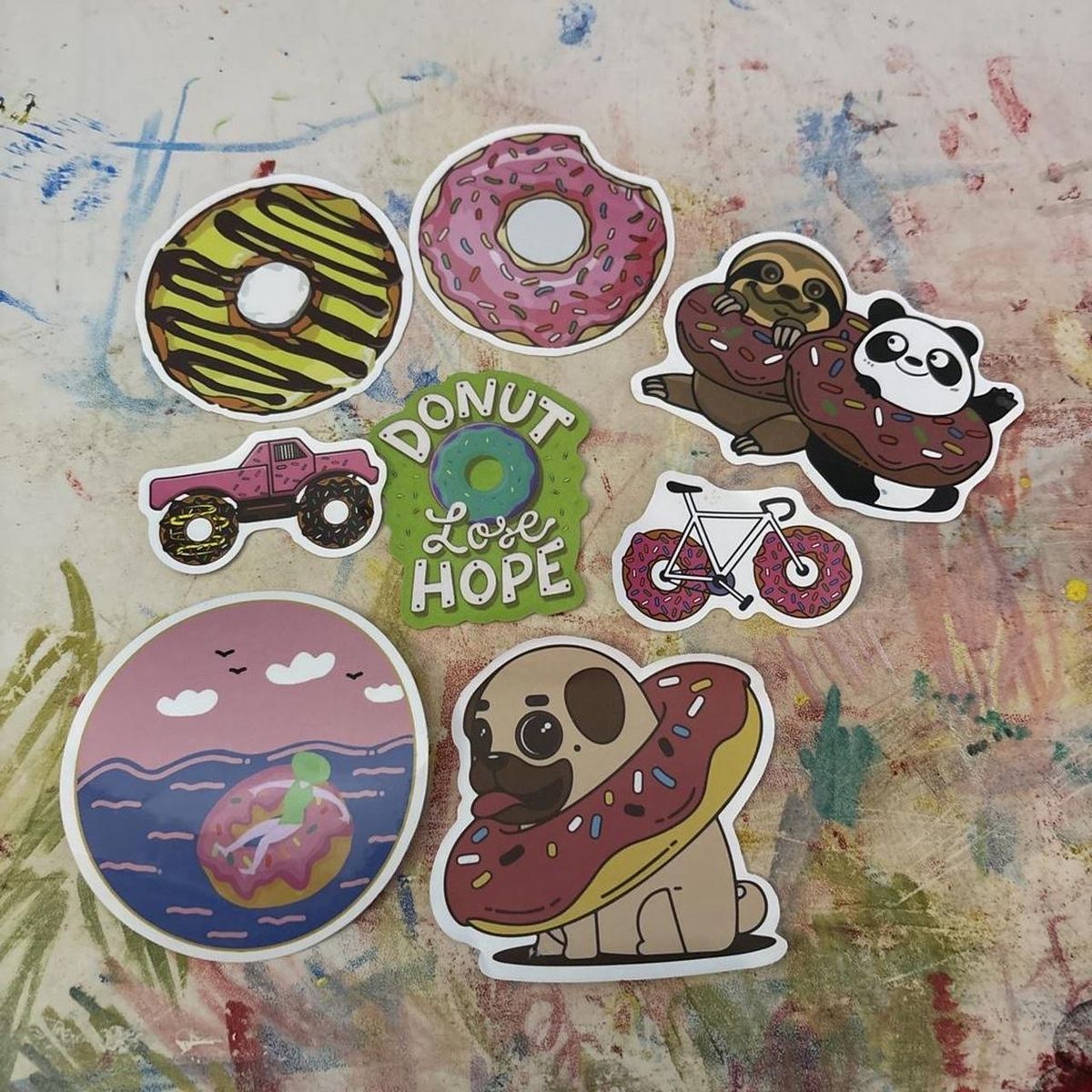 Donut Themed Sticker Pack - Cute Animals, Truck, & Bicycle Decals (8 Count)