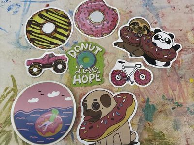 Donut Themed Sticker Pack - Cute Animals, Truck, & Bicycle Decals (8 Count)