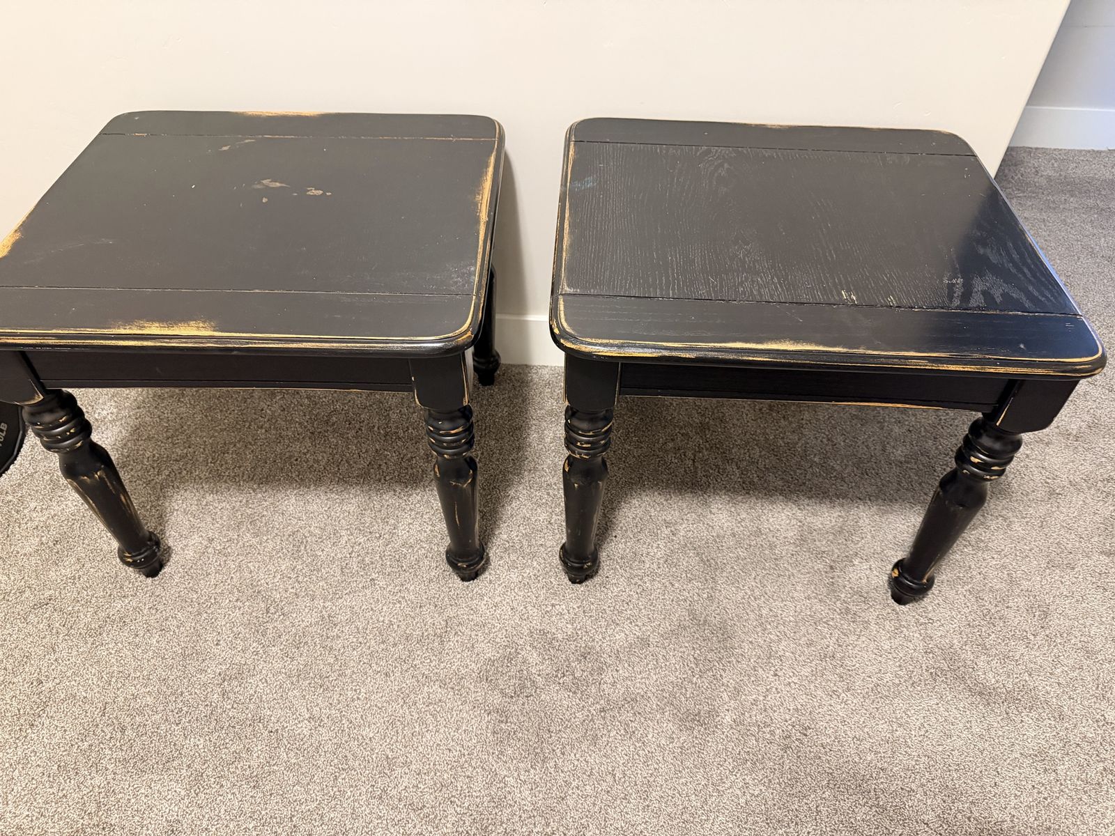 Pair of Black Distressed Wooden End Tables / Side Tables