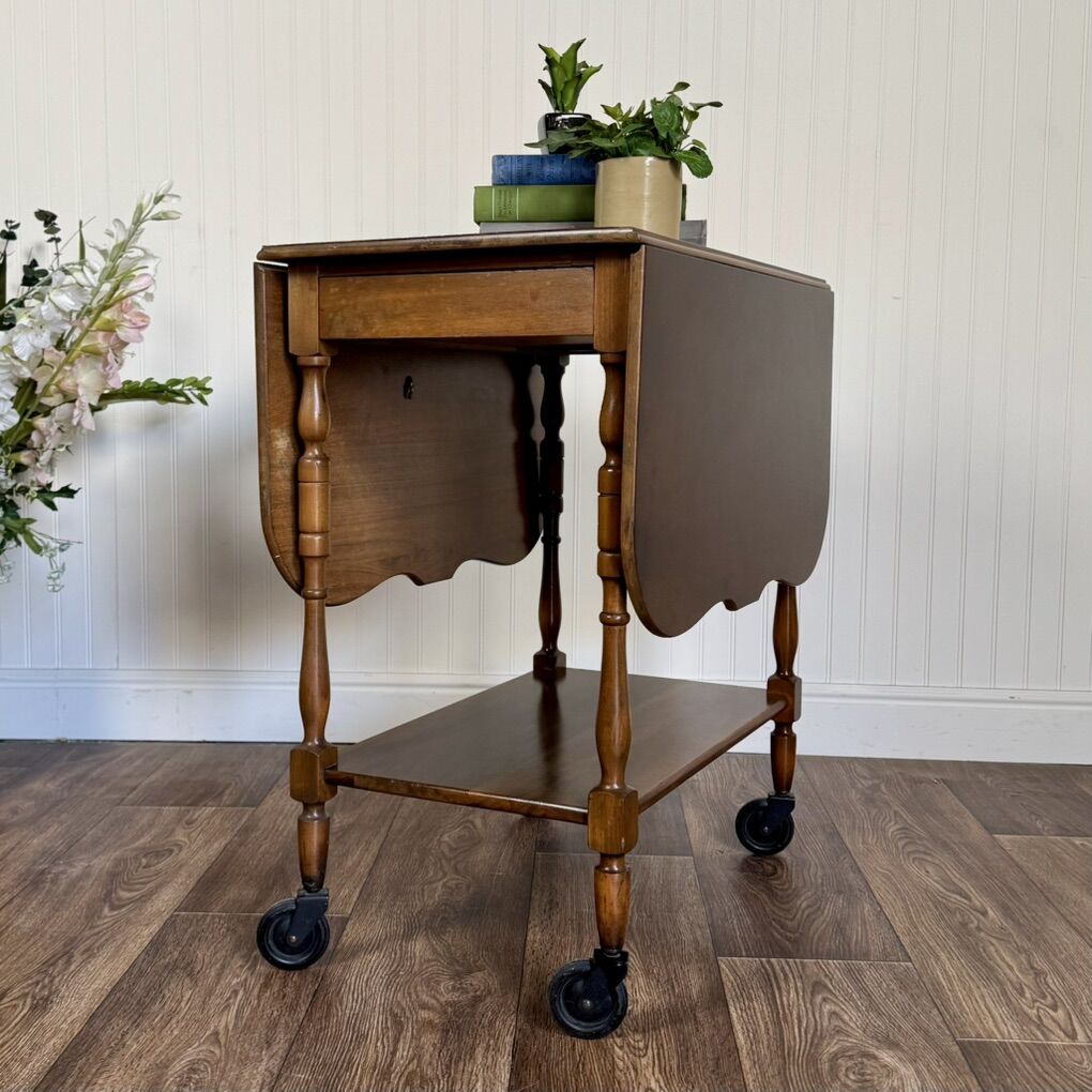 Mid-Century Colonial Solid Wood Drop-Leaf Tea Cart