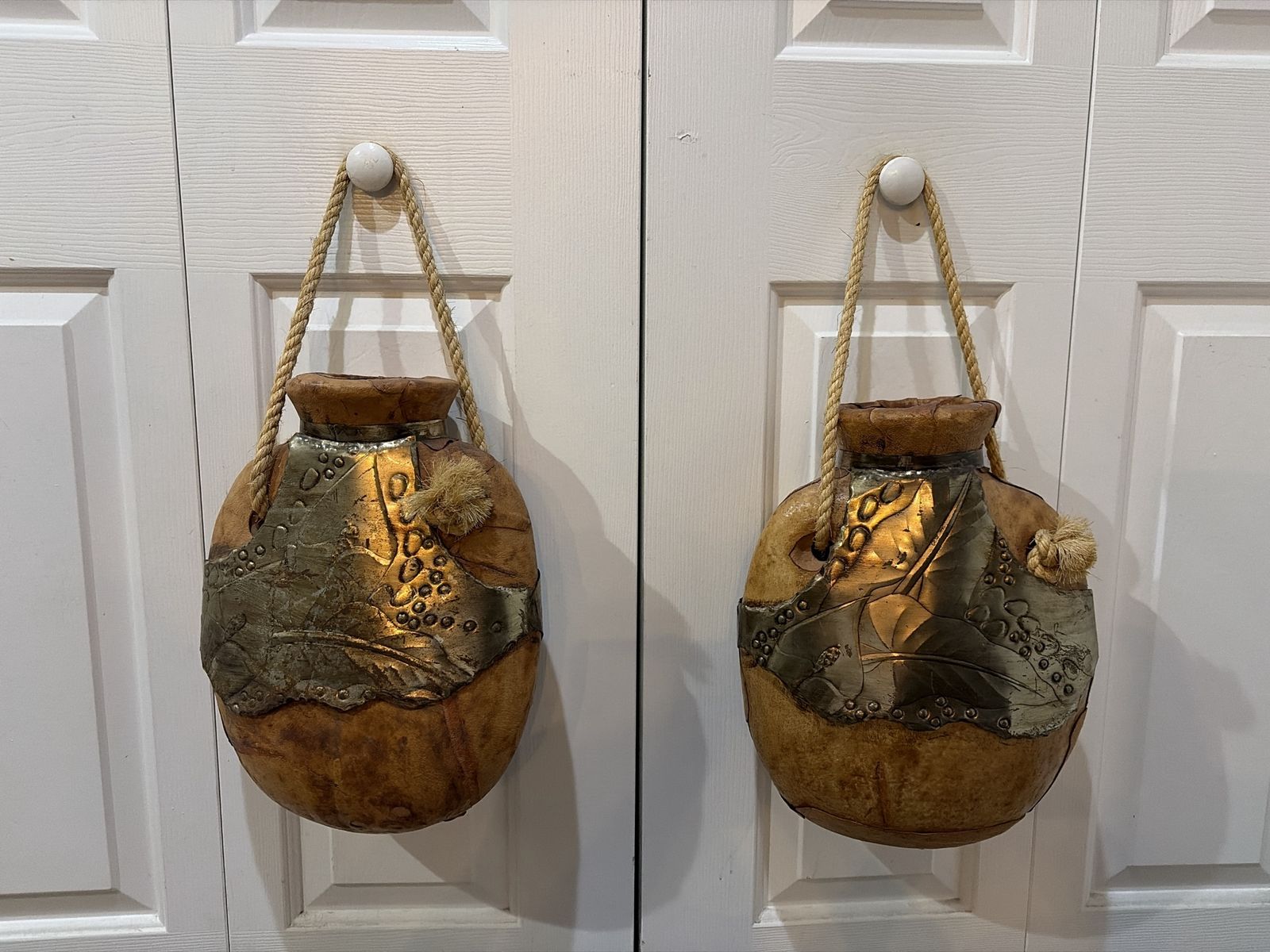 Vintage Large HEAVY Red Clay Leather and Brass Decorative Hanging Canteen Vases - Set of 2