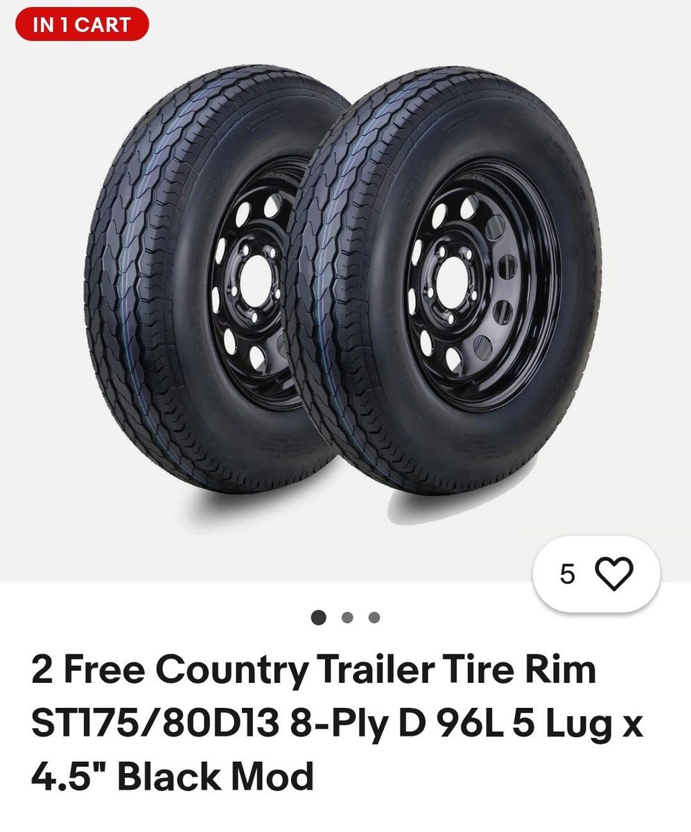 2 Brand New Free Country Trailer Tire and Rim st175/80-13 8ply D load 5 lug x4.5