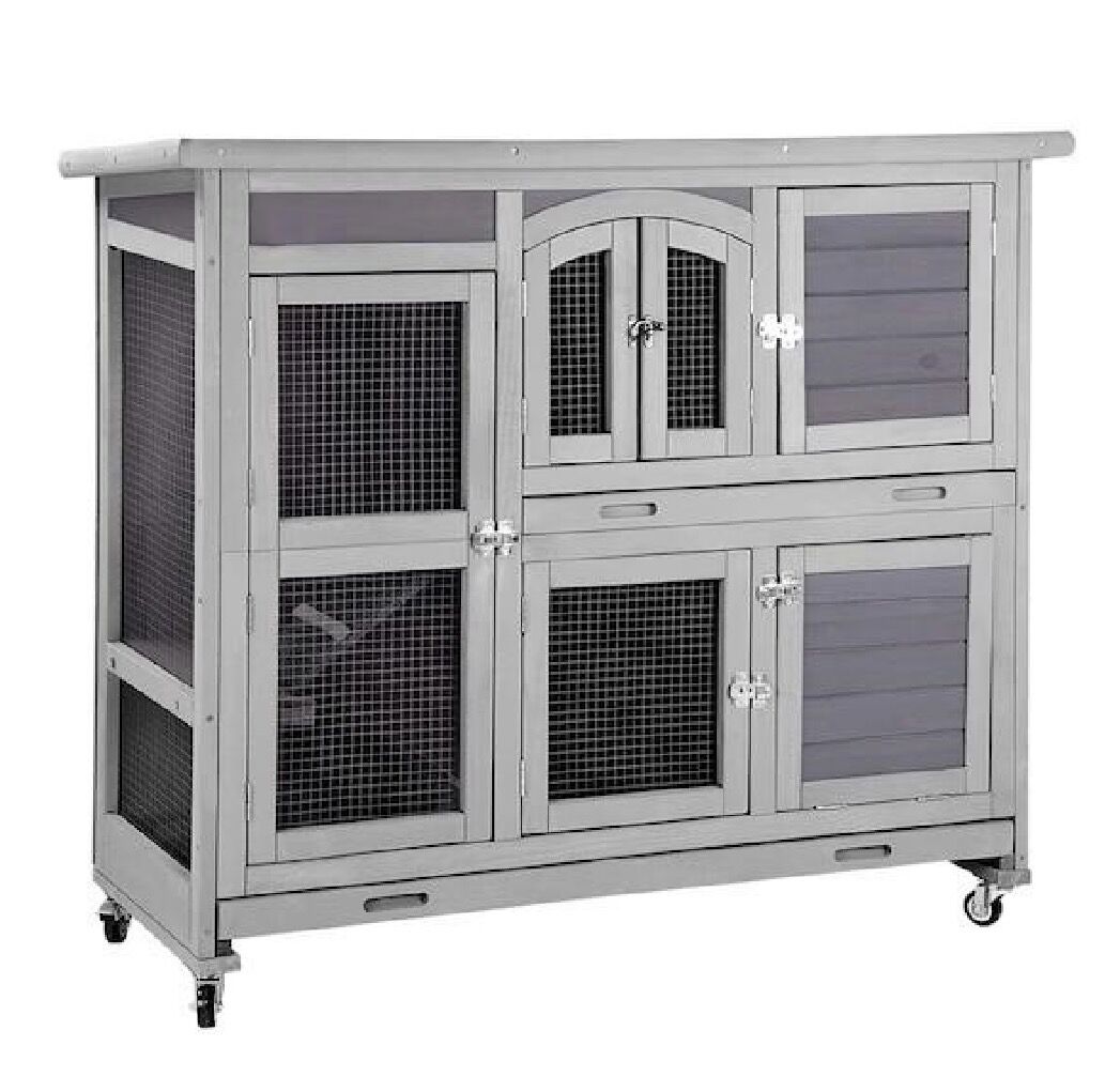 Aivituvin Two Story Rabbit Hutch Bunny Cage with Wheels, Indoor Outdoor Guinea Pig Cage with 2 Deep No Leak Tray