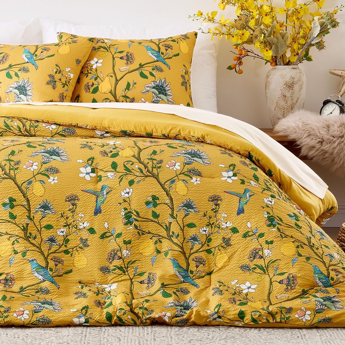 New! Yellow Bedding Queen Comforter Set 3 Pieces,Vintage Botanical Floral Pattern Bed Comforter Sets,Boho Whimsical Modern