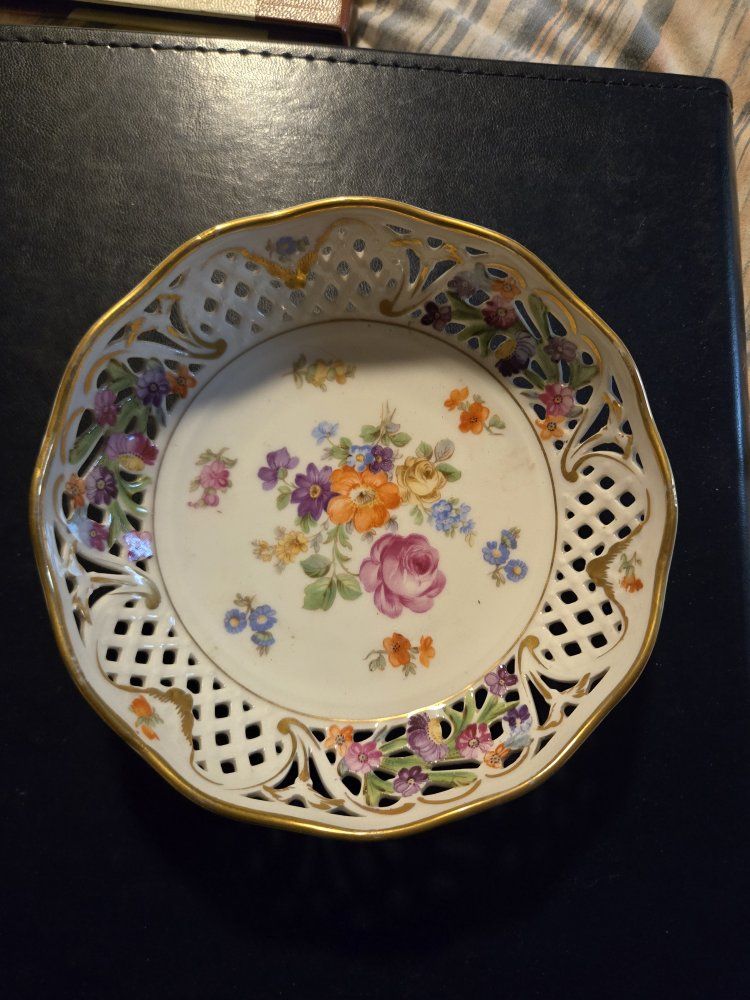 Vintage Hand-Painted Floral Reticulated Porcelain Dish Gold Trim, Decorative Plate