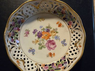Vintage Hand-Painted Floral Reticulated Porcelain Dish Gold Trim, Decorative Plate