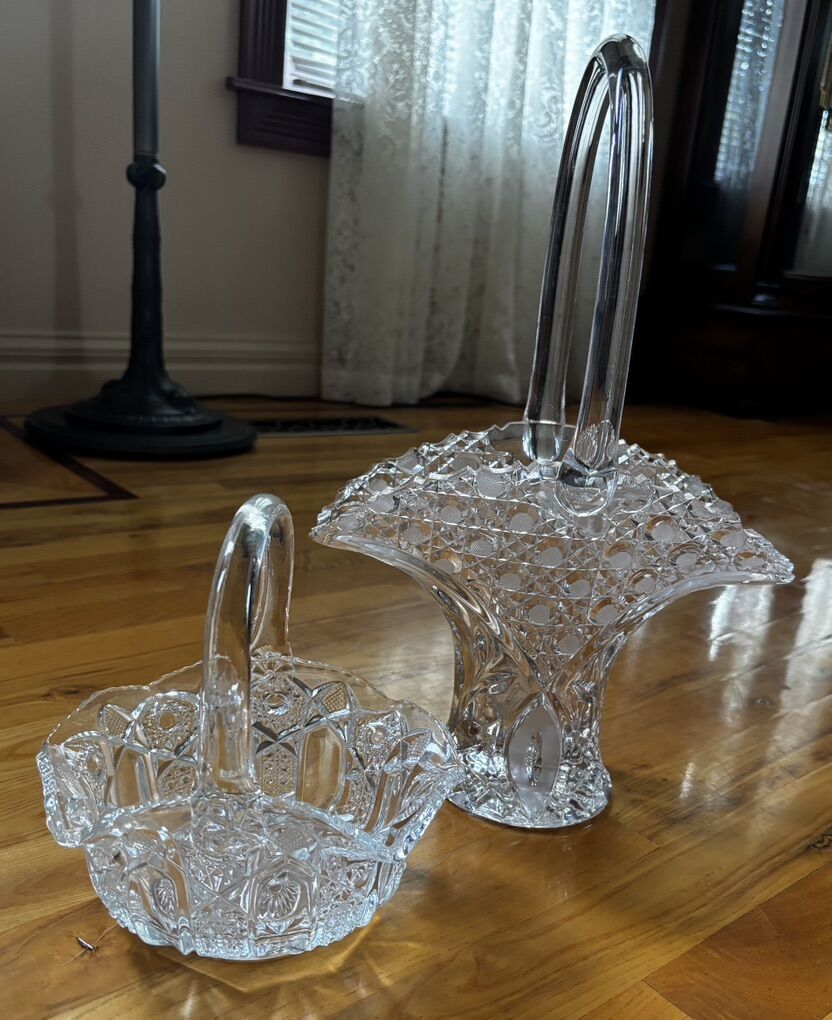 Small Crystal Basket & Large Glass Basket Pair