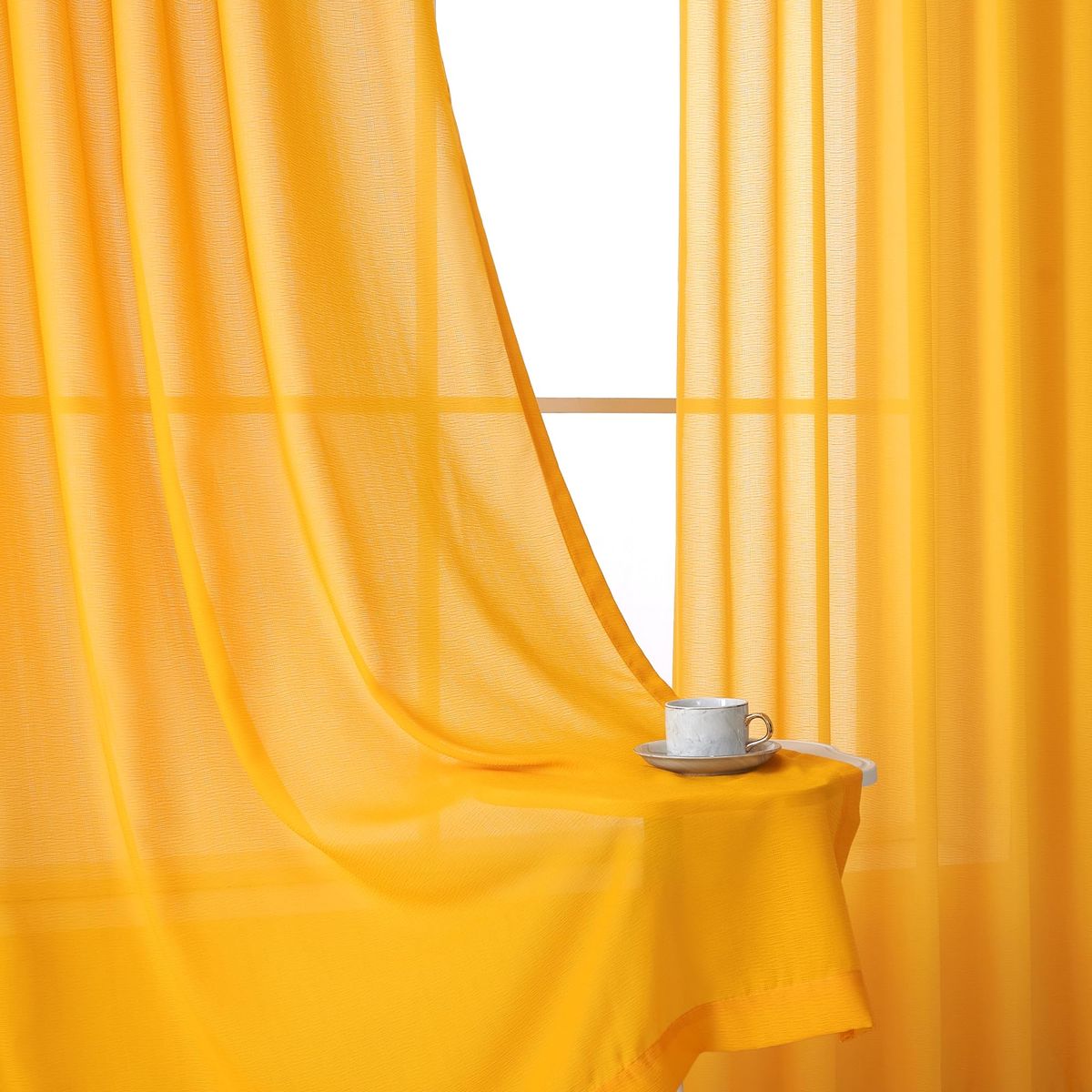 KangBang Yellow Textured Sheer Voile Window Curtains 96 Inches Long, Pinch Pleat Light Filtering Drapes for Bedroom Living Room