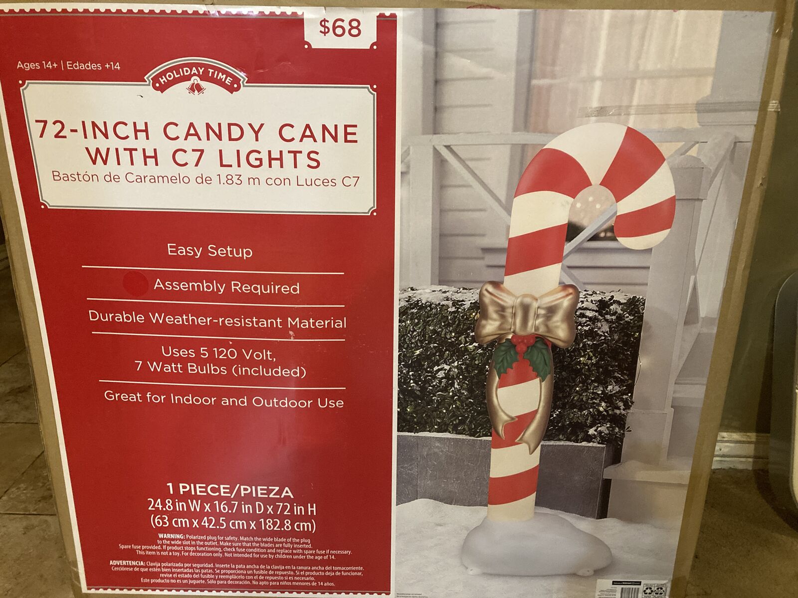 Holiday Time 72 Inch Candy Cane With C7 Lights New