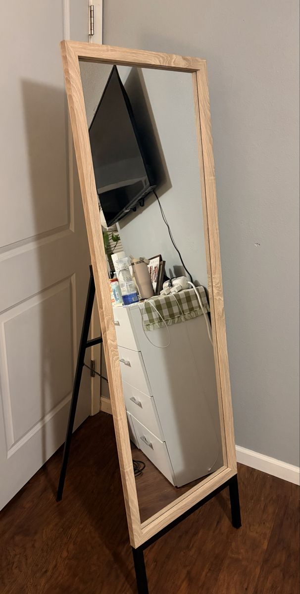 Full Length Standing Mirror with Light Wood Frame and Black Stand