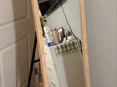 Full Length Standing Mirror with Light Wood Frame and Black Stand