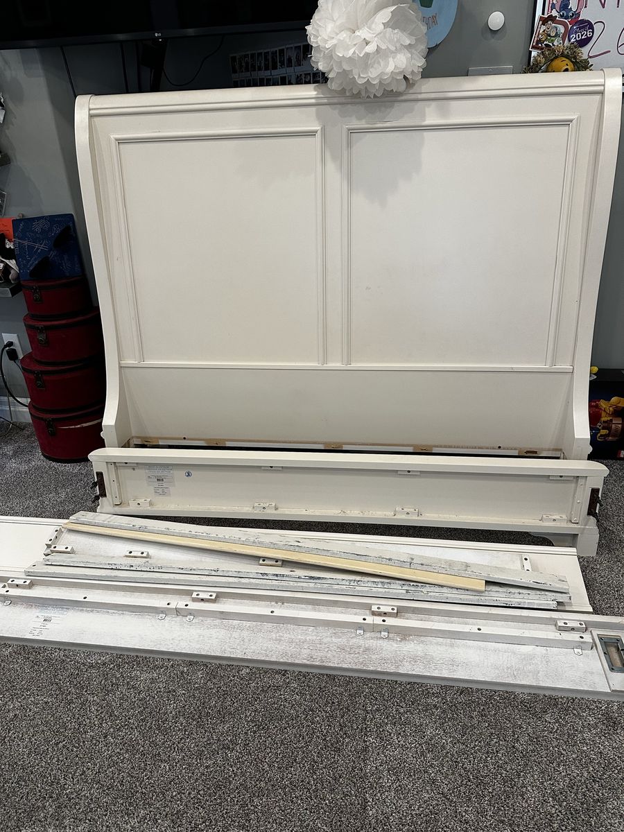 White Wooden Sleigh Bed Frame disassembled queen size