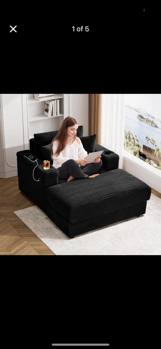NEW black Corduroy sleeper chair with USB and cup holders