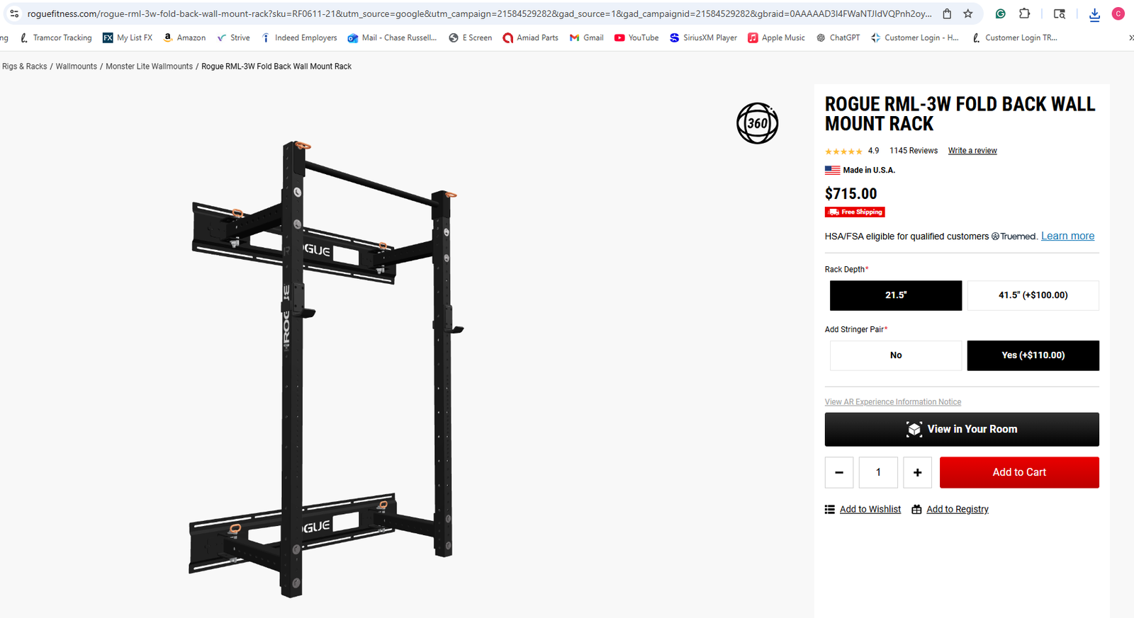 Rogue RML-3W Fold Back Wall Mount Rack With Extras