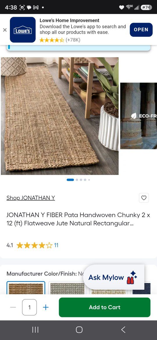 New in box JONATHAN Y Pata Handwoven Chunky Jute Natural Fiber Runner Rug 2x12ft