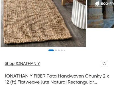 New in box JONATHAN Y Pata Handwoven Chunky Jute Natural Fiber Runner Rug 2x12ft