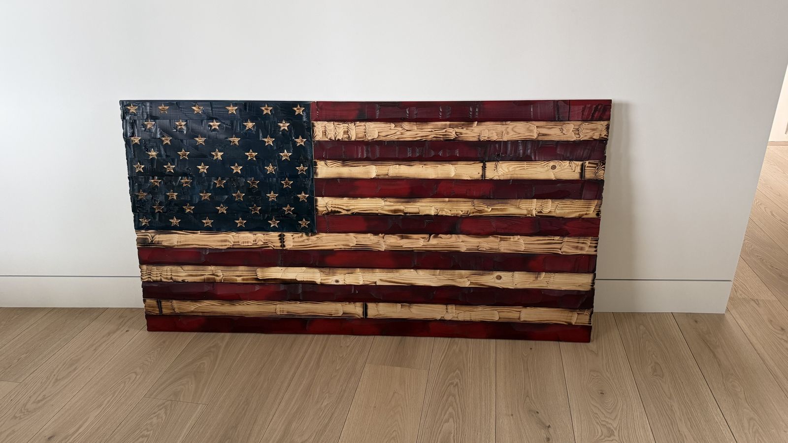 Handmade Wooden American Flag Wall Art - Torched Wood, Rustic Decor - Patriotic Home Display