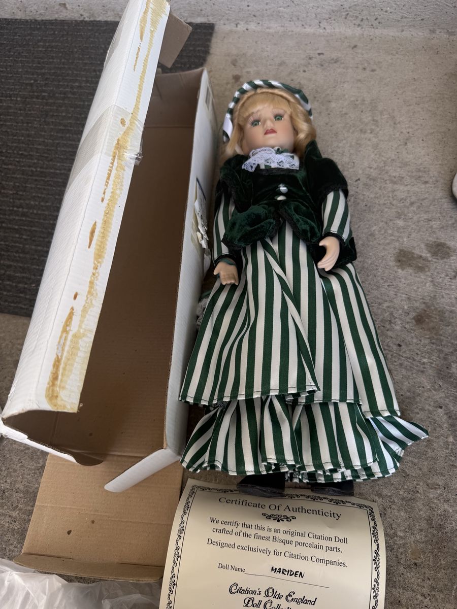 Citation Olde England "Mariden" Bisque Porcelain Doll Green & White Striped Dress w/COA