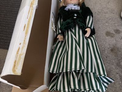 Citation Olde England "Mariden" Bisque Porcelain Doll Green & White Striped Dress w/COA