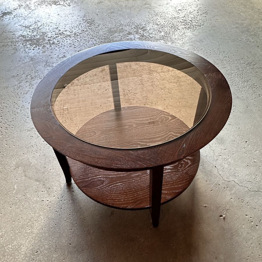 Round Wooden Coffee Table with Glass Top and Lower Shelf