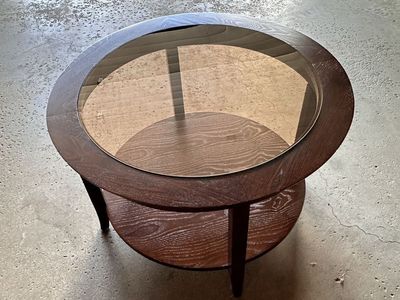 Round Wooden Coffee Table with Glass Top and Lower Shelf