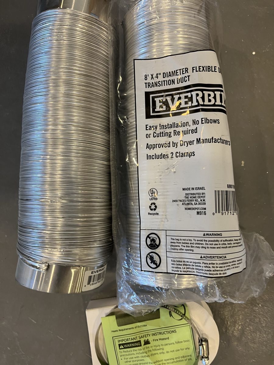 Set a two 8 x 4 diameter flexible dryer transition duct with one one clamp