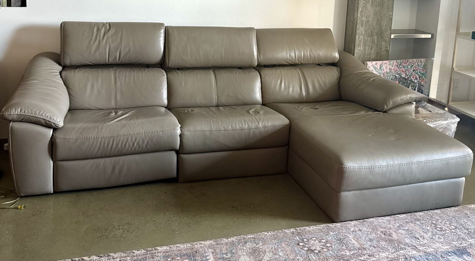Natuzzi Genuine Leather Power Reclining + Wall Hugging Sectional – Gray/Taupe