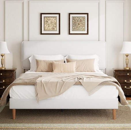 Queen Size Fabric Upholstered Platform Bed Frame - White