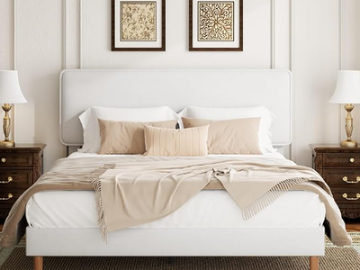 Queen Size Fabric Upholstered Platform Bed Frame - White