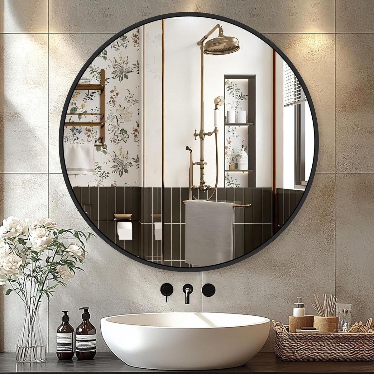 NEW 22 Inch Black Round Circle Mirror for Wall,Modern Bathroom Mirrors with Simple Metal Frame