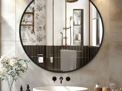NEW 22 Inch Black Round Circle Mirror for Wall,Modern Bathroom Mirrors with Simple Metal Frame