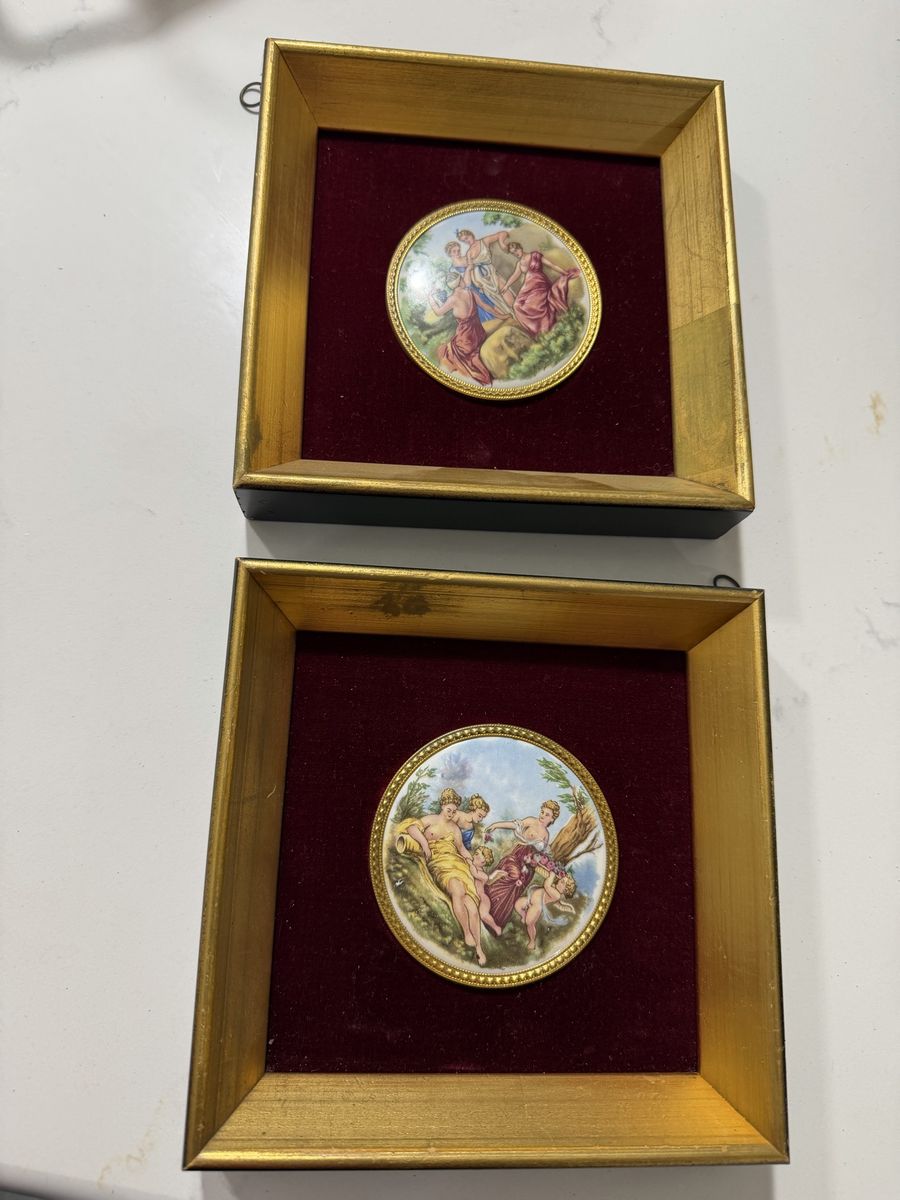 Set of 2 Vintage Framed Classical Miniature Art Panels with Gold Frames & Velvet Backing