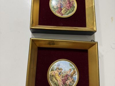 Set of 2 Vintage Framed Classical Miniature Art Panels with Gold Frames & Velvet Backing