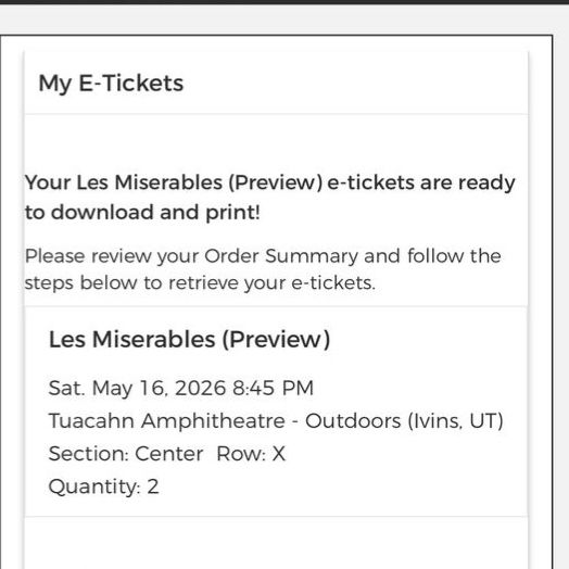 2 Tickets Les Miserables Tuacahn Amphitheater
