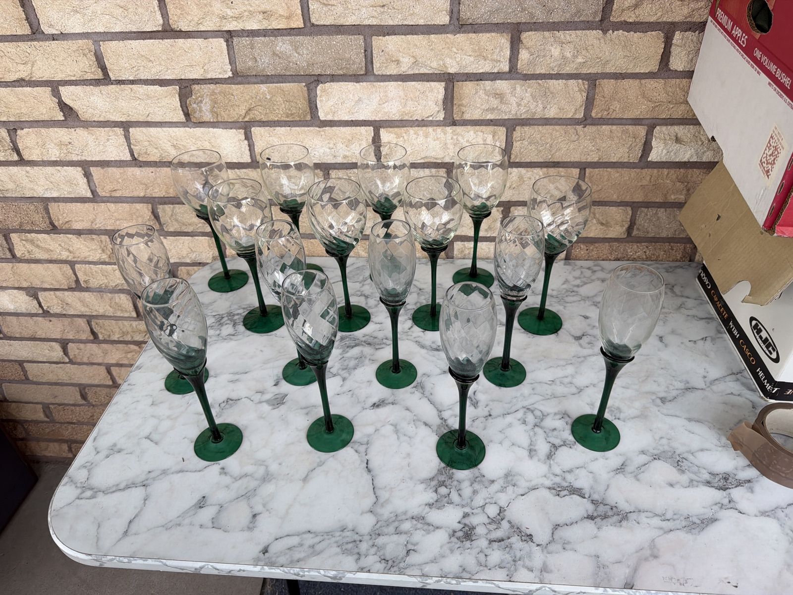 Vintage Clear & Green Diamond Cut Crystal Stemmed Wine Glasses (Set of 16)