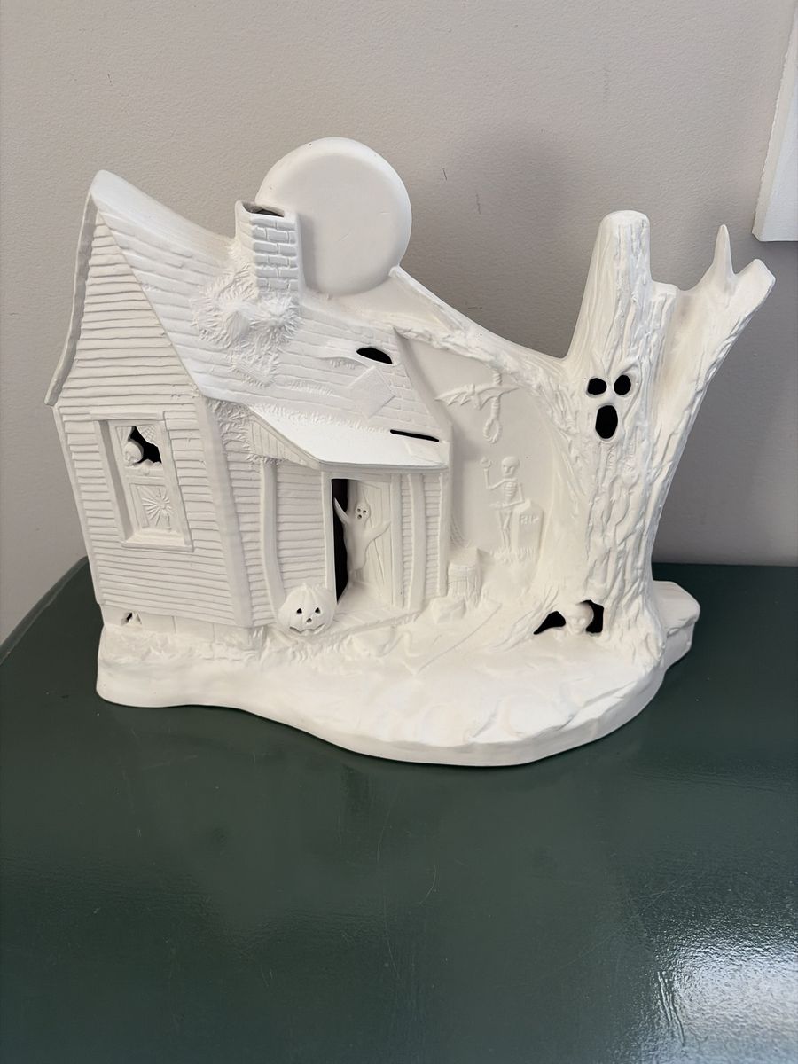 Halloween vintage unpainted ceramic haunted house