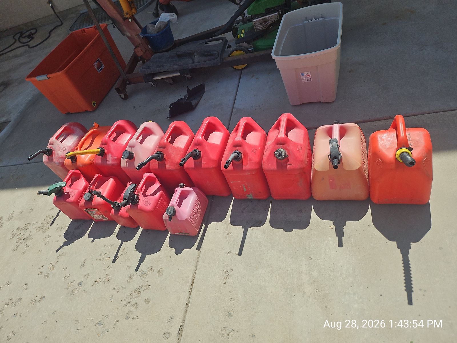 Lot of 15 each Assorted EMPTY Plastic Red Gas Cans Fuel Jugs used Gas 