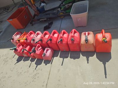 Lot of 15 each Assorted EMPTY Plastic Red Gas Cans Fuel Jugs used Gas