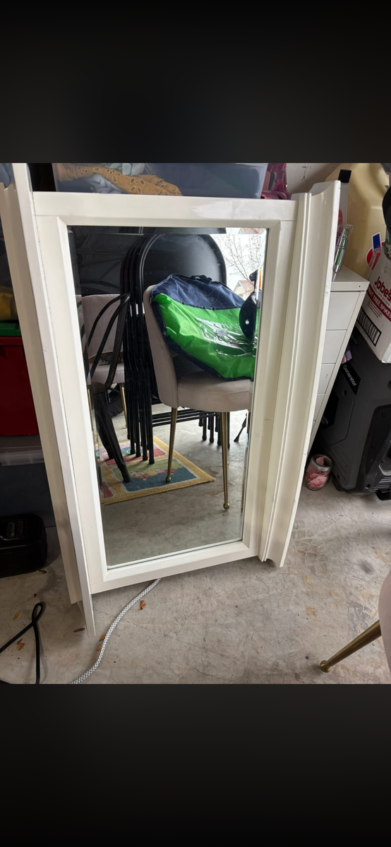 White pottery barn shelf with mirror